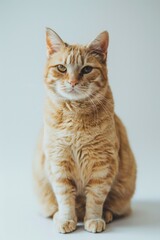 Wall Mural - A close-up image of an orange tabby cat sitting on a white surface, looking directly at the camera