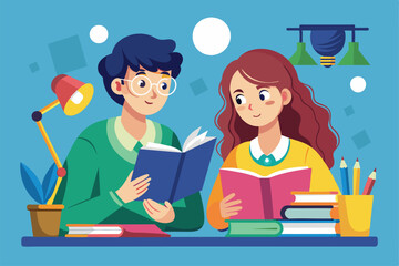 Poster - two students study together, immersed in their books at a cluttered desk with colorful stationery in