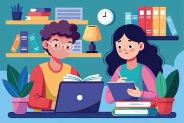 Poster - two students focus on their studies at a library, utilizing a laptop and notebook while surrounded b