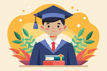 A young boy proudly wears a graduation cap, smiling with books nearby, surrounded by vibrant plants and a cheerful background