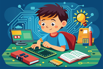 Poster - A young boy focuses on studying computer chip designs at his desk, surrounded by books, gadgets, and a lamp, immersed in his evening homework