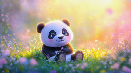 Wall Mural - pandabear sitting on a flower meadow, childrens illustration