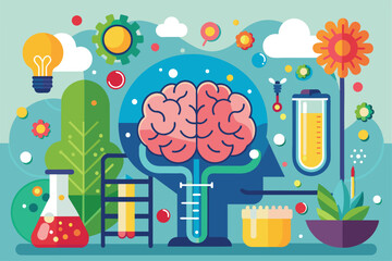 Poster - A vibrant illustration showcasing brain chemistry concepts, combining scientific tools, plant life, and creative elements in a semi-flat design