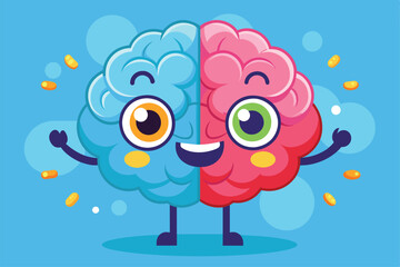 Poster - A vibrant, cartoon-style brain character displays a cheerful expression, with blue and pink sides, engaging playfully and surrounded by joyful elements