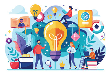 Poster - A group of individuals enthusiastically shares ideas using light bulbs and various tools in a vibrant, collaborative environment filled with inspiration