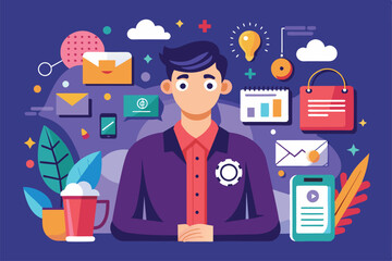 Wall Mural - A professional sits at a desk surrounded by icons representing brand communication, digital tools, and creative ideas