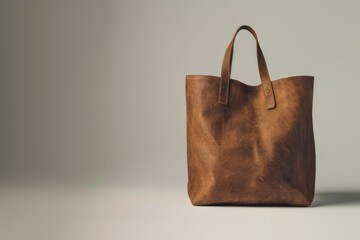 Poster - A brown leather tote bag sits on a table, perfect for a casual day or as a decorative accent
