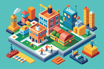 Poster - a dynamic urban construction layout showcases customizable buildings, construction workers, and vari