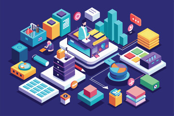 Sticker - A vibrant isometric illustration showcases a modern workspace with data analytics tools, graphs, and diverse charts, reflecting a collaborative environment