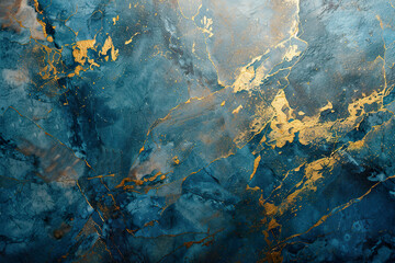 Canvas Print - A blue and gold marble wall with gold streaks, generative ai.