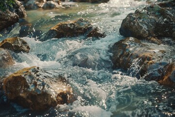 Aufkleber - A flowing stream surrounded by natural rocks and vegetation