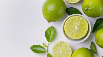 Wall Mural - Fresh Green Limes Sliced on a Light Surface Surrounded by Leaves