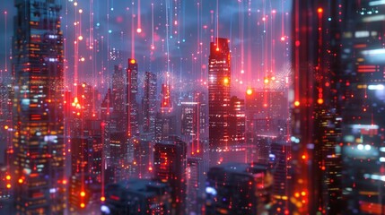 Poster - A nighttime city view through a window, ideal for use in urban-themed projects, such as cityscapes, architecture, or modern environments