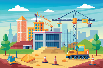 Wall Mural - Construction workers and heavy machinery are actively engaged in building multiple structures while cranes lift materials in a vibrant urban environment