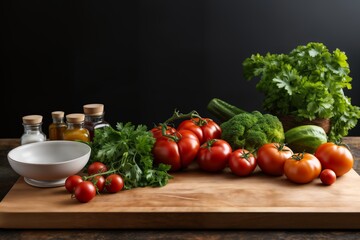 Wall Mural - tomatoes and greens and bottles with oil on a table, beautiful still life