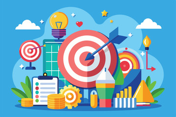 Poster - a vibrant illustration depicting various business targets, achievements, and growth indicators in a 