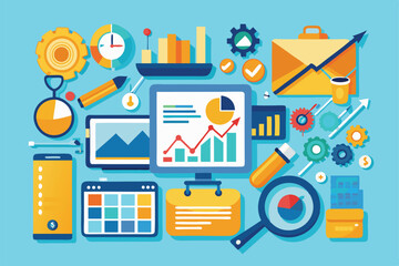 Poster - Various business analysis tools displayed, including graphs, charts, and gears, showcasing data evaluation and strategic planning processes