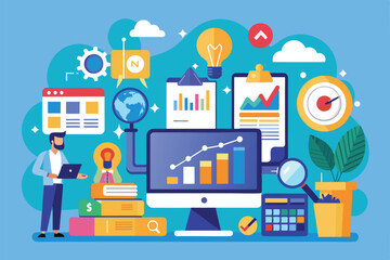 Poster - A vibrant illustration showcases business analytics with charts, graphs, and tools in a contemporary office space, emphasizing data-driven decision-making