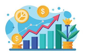 Poster - A graphic showcases upward financial trends, featuring coins, charts, and a plant, symbolizing growth and investment strategies
