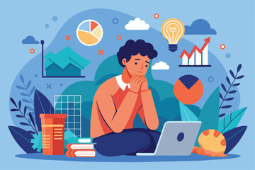 Poster - a person reflects on business bankruptcy strategies, surrounded by charts, graphs, and notes, while 