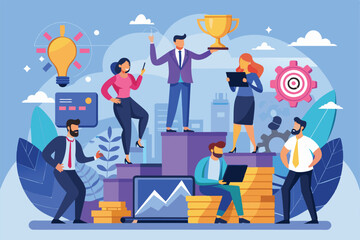 Poster - a vibrant flat illustration depicting diverse professionals overcoming business challenges through t