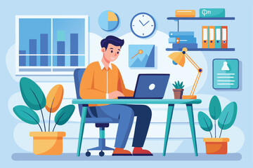 Poster - A man is focused on his laptop while seated at a desk surrounded by plants, shelves, and office supplies in a bright office setting