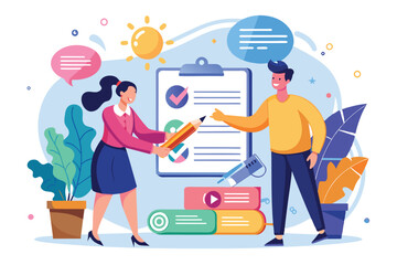Poster - two business professionals collaborate on a contract while surrounded by plants, charts, and colorfu