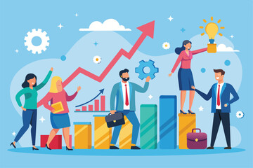 Wall Mural - A diverse team collaborates energetically, presenting ideas and tools to enhance business profitability and innovation in a modern office setting