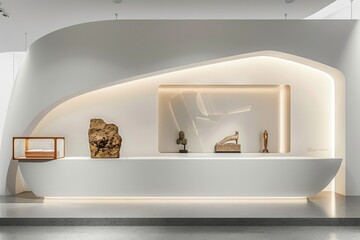 Poster - A modern bathroom with a white bathtub surrounded by decorative sculptures