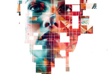 Poster - A close-up shot of a person's face surrounded by squares, ideal for illustrations or presentations about structure and design