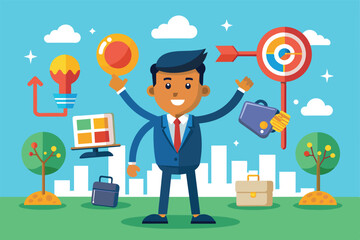 Poster - a cheerful business professional stands with decision-making tools in a vibrant city park, surrounde