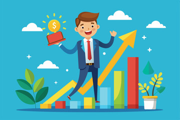 Poster - A cheerful executive holding a trophy stands on top of a rising chart, celebrating business growth amidst colorful plants and a blue sky
