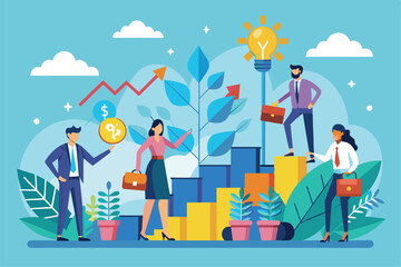 Poster - Professionals collaborate to boost business growth, sharing ideas and insights while surrounded by vibrant plants and a bright, engaging environment