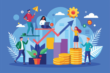 Poster - Professionals engage in collaborative activities focused on business growth, showcasing charts, currency, and innovation with vibrant elements in a modern setting