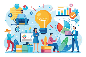 Aufkleber - A group of professionals engages in brainstorming and developing innovative business ideas using charts, graphs, and digital devices in a vibrant workspace