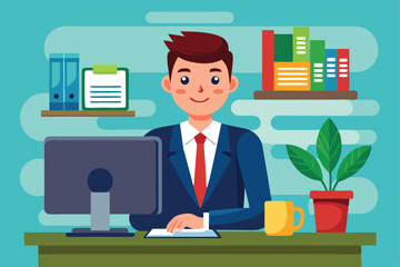 Poster - A businessman sits at his desk, focused on his computer, surrounded by office supplies and a green plant, reflecting a productive work environment