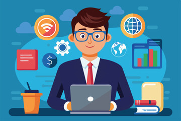 Poster - A young businessman engages with a laptop, surrounded by icons representing communication, finance, and global connectivity in a contemporary workspace