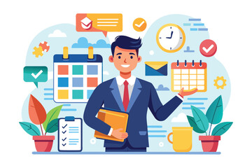 Poster - a businessman is planning events and managing deadlines while smiling in a colorful office with plan