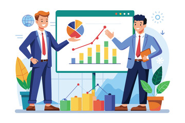 Poster - Two businessmen are discussing financial trading trends using a colorful graph displayed on a large screen in a contemporary office environment