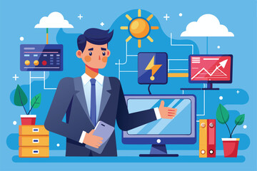 Poster - A businessman looks frustrated as he encounters a network error on his computer while handling tasks in a contemporary office during the day