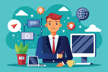 Aufkleber - A businessman looks concerned while dealing with a network error on his computer in a contemporary office setting