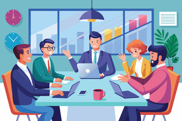 Wall Mural - Business professionals collaborate on a brand management agreement, discussing strategies and ideas in a contemporary office environment