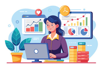 Poster - a woman engages in financial analysis, studying data on her laptop while surrounded by charts and gr