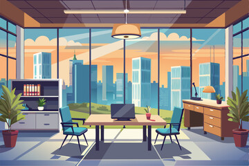 Poster - A spacious office with a panoramic window showcases a vibrant city skyline at sunset, highlighted by modern furnishings and greenery