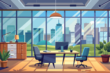 Poster - A modern workspace with a panoramic window overlooks the city skyline, showcasing greenery and contemporary office furniture for productivity