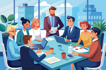 Poster - A group of business professionals engages in a collaborative meeting, sharing ideas and strategies in a bright office setting surrounded by city views