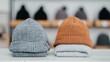 © olegganko - Stylish Knit Hats Displayed at Outdoor Market in Early Autumn