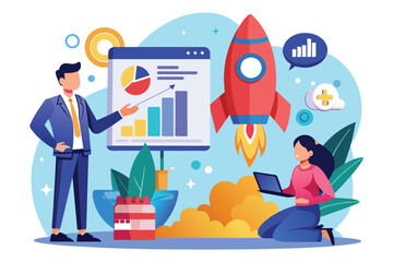 Poster - a data analyst presents a business strategy, highlighting growth through charts while a rocket symbo