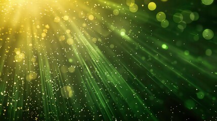 Poster - Abstract green and gold background with light rays and bokeh effect.