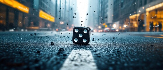 Dice on Urban Street with City in Background.